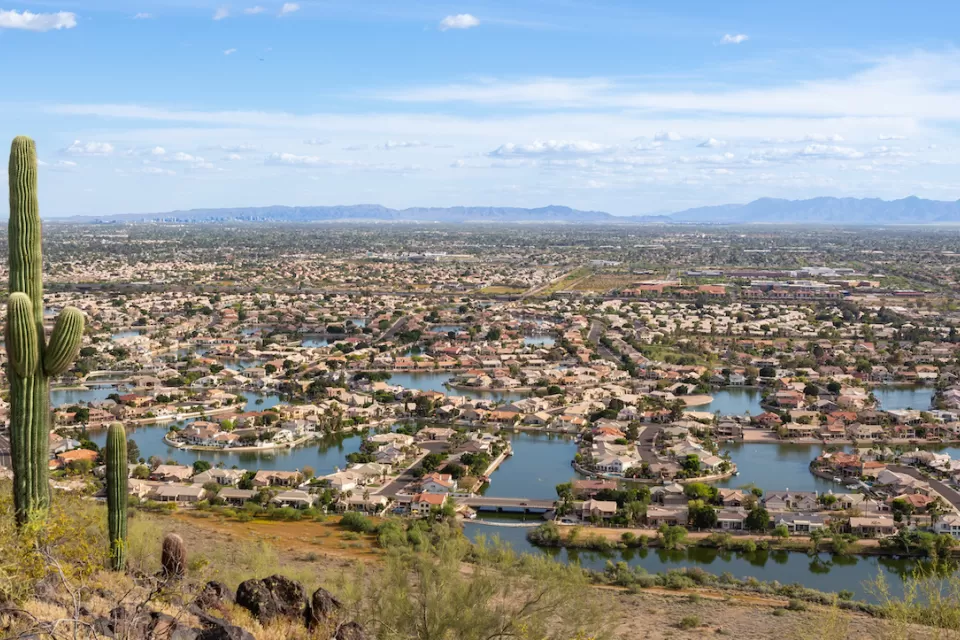 View from hilltop of Glendale, Arizona with saguaro cactus in left foreground.